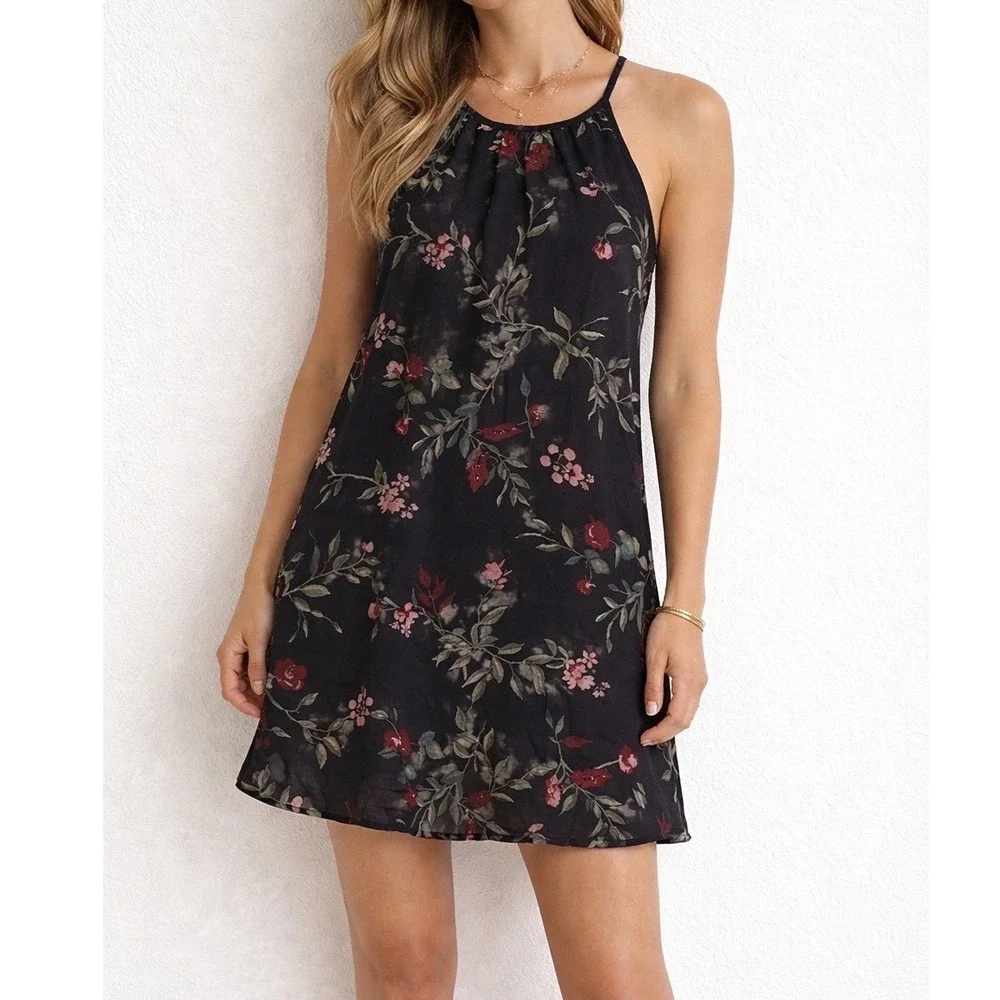 Black Rose Floral Halter Chiffon Pleated Shift Dress Size‎ Medium